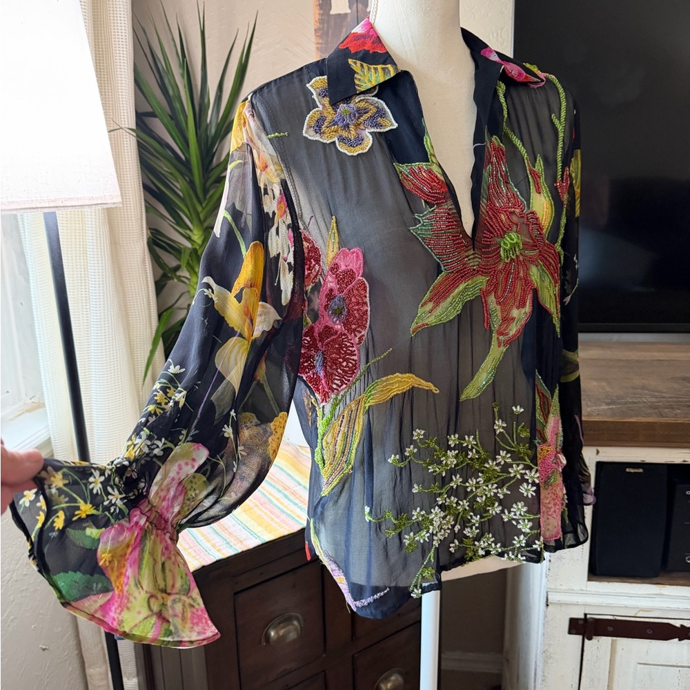 Sheer Black Floral Beaded V-Neck Blouse